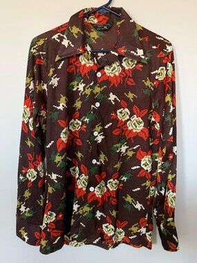Vintage 70s Montgomery Ward Disco Shirt Floral Houndstooth Tapered M/S